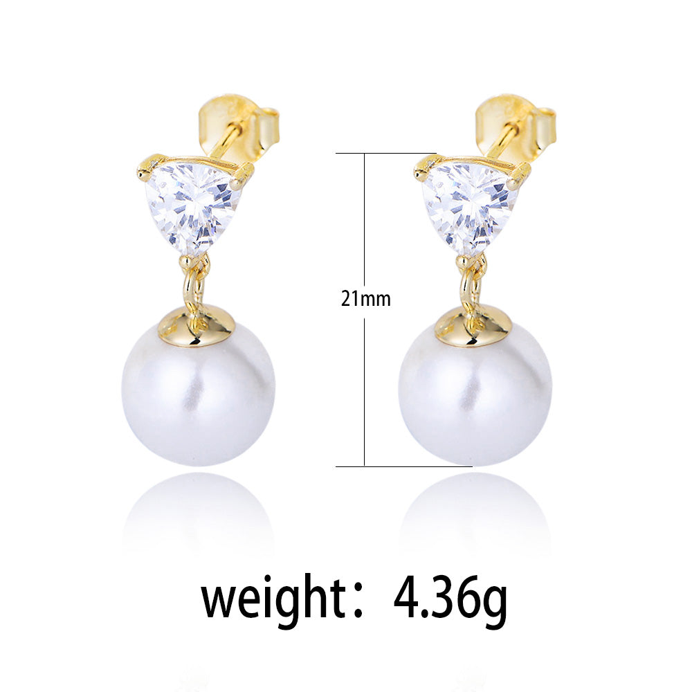 925 Silver Diamond Claw Setting Triangle Zircon Rhodium Plated Wedding Drop Pearl Earring