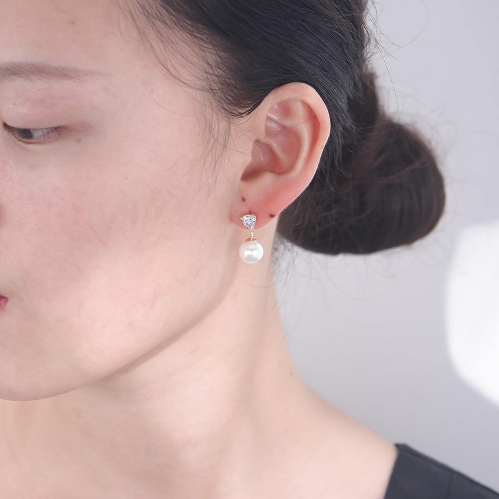 Diamond Claw Setting Triangle Zircon Rhodium Plated Wedding Drop Pearl Earring