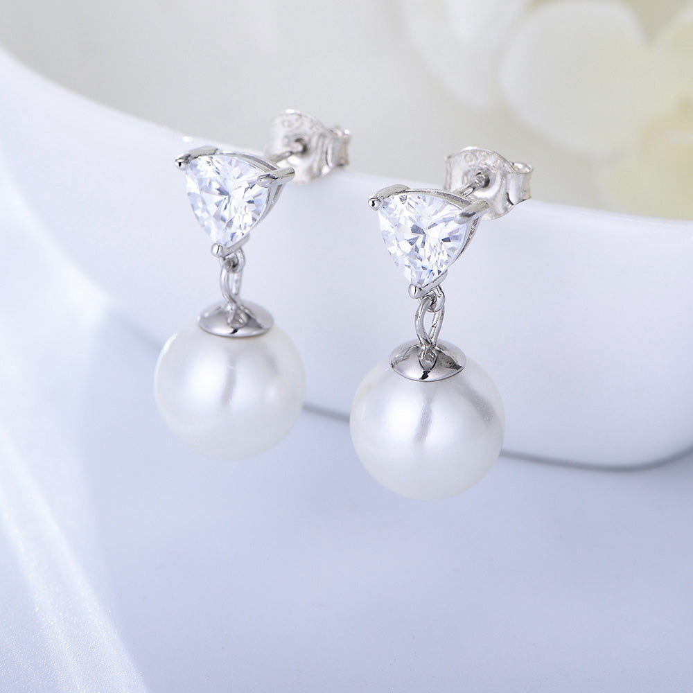 Diamond Claw Setting Triangle Zircon Rhodium Plated Wedding Drop Pearl Earring