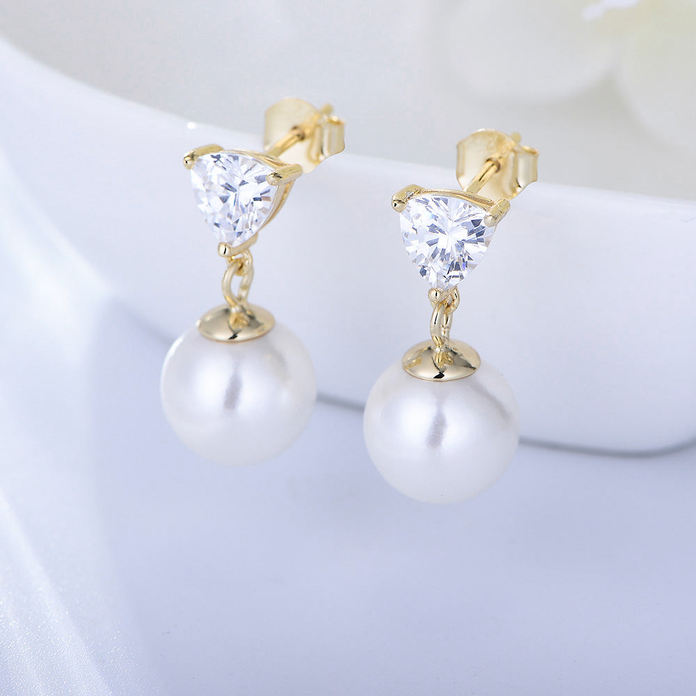 Diamond Claw Setting Triangle Zircon Rhodium Plated Wedding Drop Pearl Earring