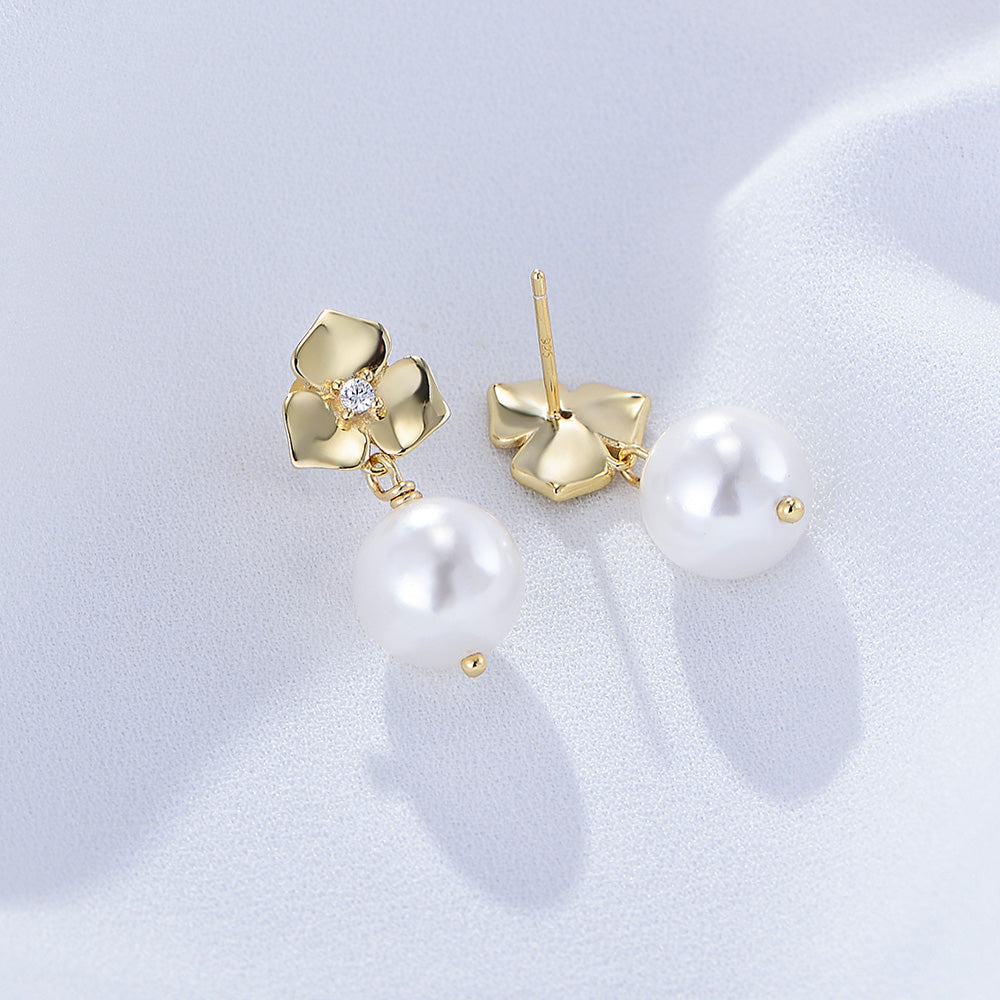 Gold Plated Cute Flower Dangle Pearl  Stud Earring