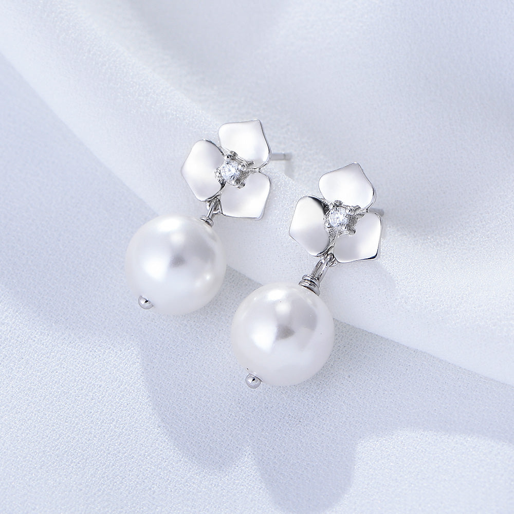 Gold Plated Cute Flower Dangle Pearl  Stud Earring
