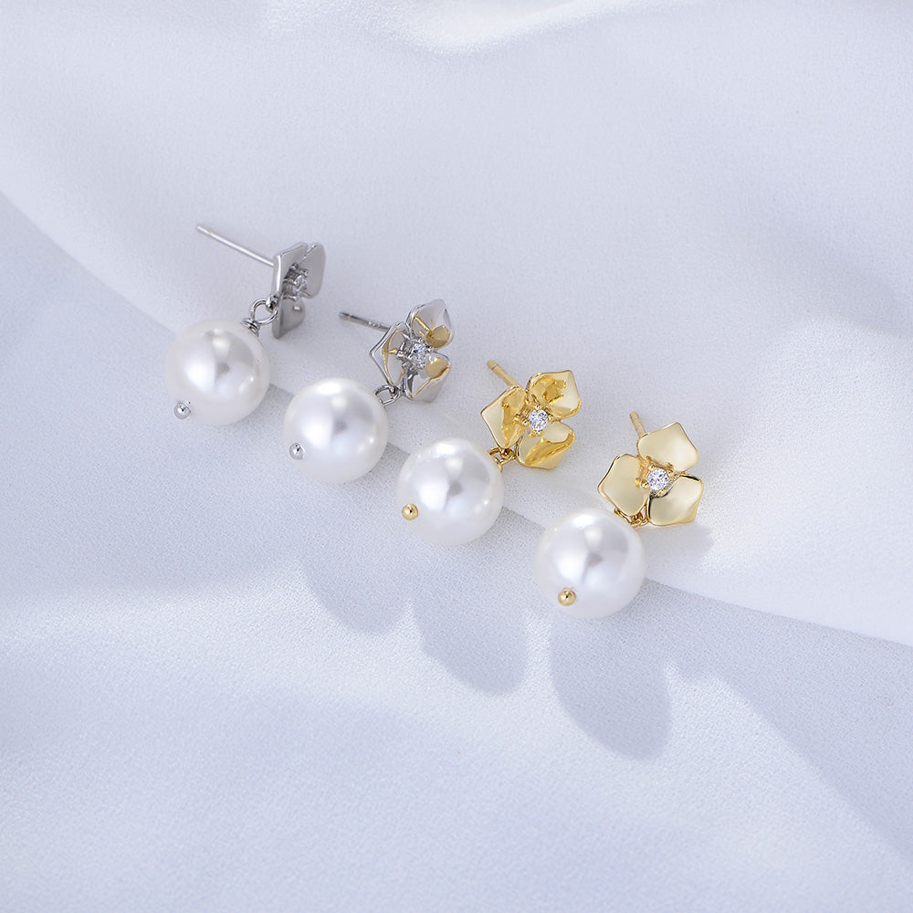 Gold Plated Cute Flower Dangle Pearl  Stud Earring