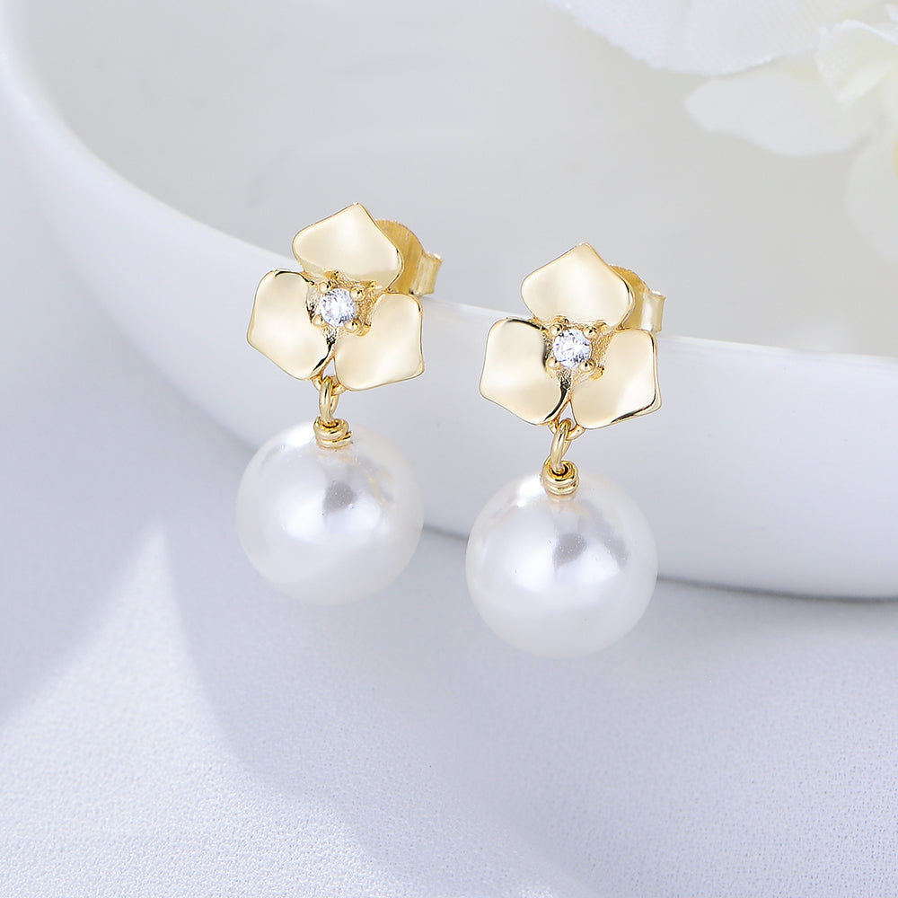 Gold Plated Cute Flower Dangle Pearl  Stud Earring