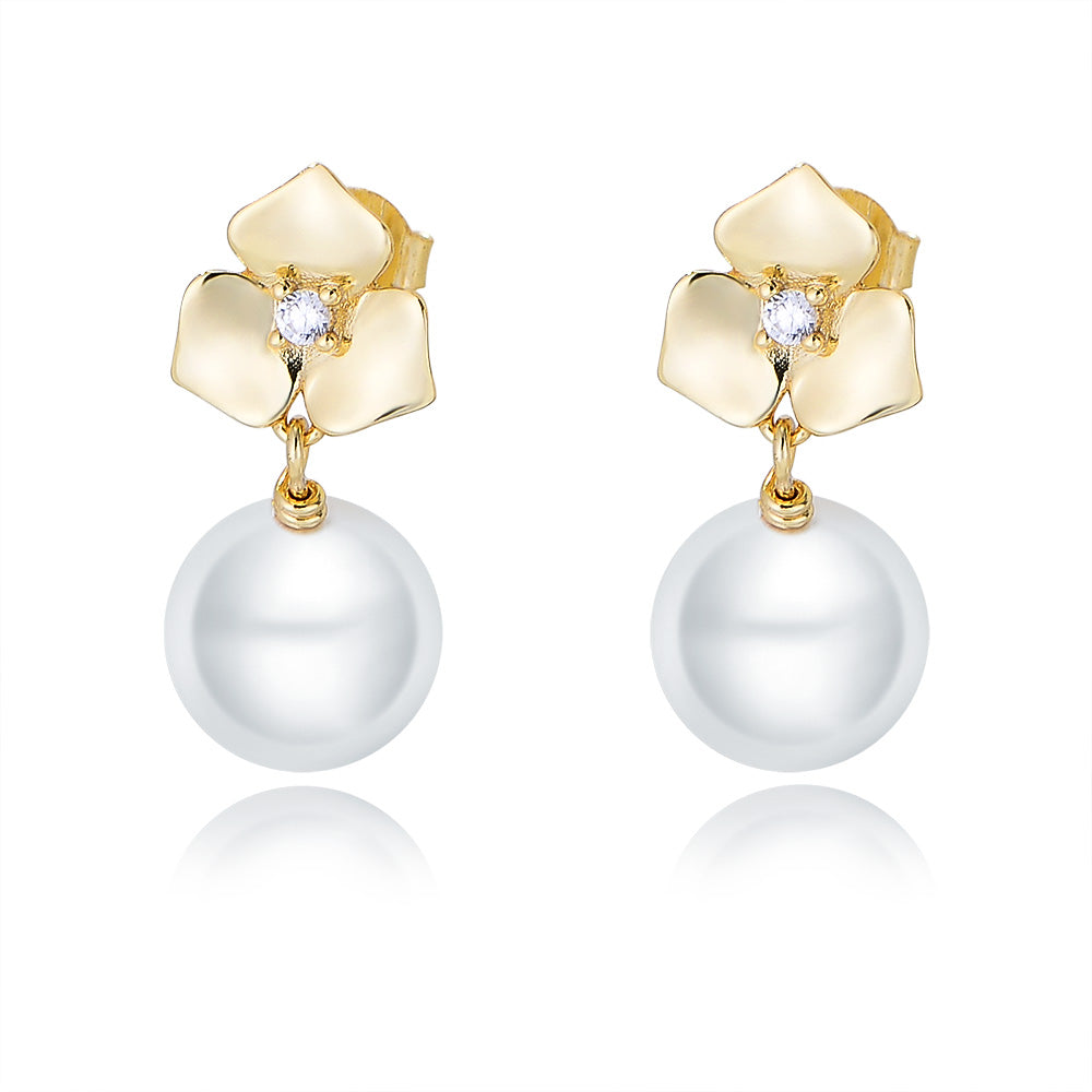 Gold Plated Cute Flower Dangle Pearl 925 Silver Stud Earring