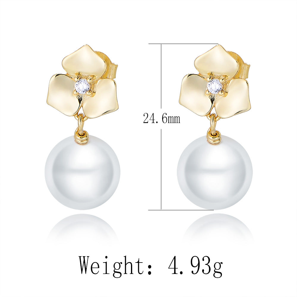 Gold Plated Cute Flower Dangle Pearl 925 Silver Stud Earring