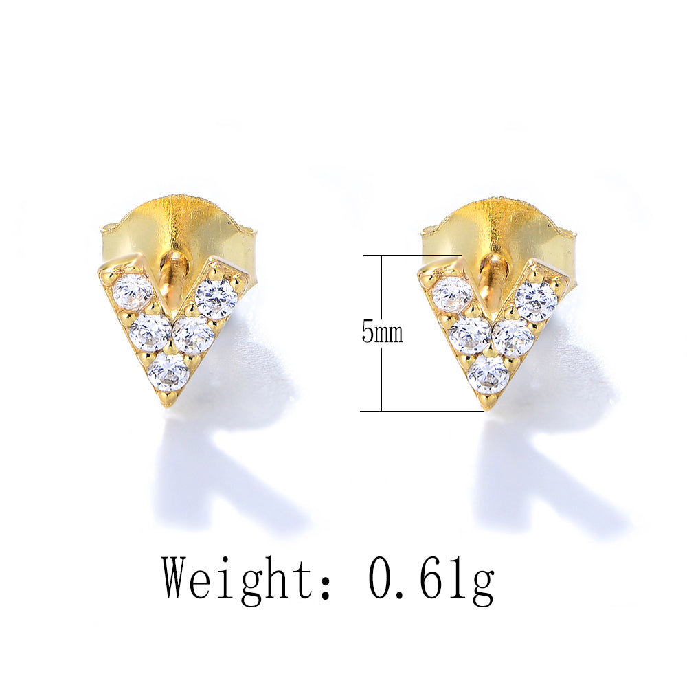 Minimalist Fashion Jewelry 925 Sterling Silver Gold Plated CZ Letter V Stud Earrings