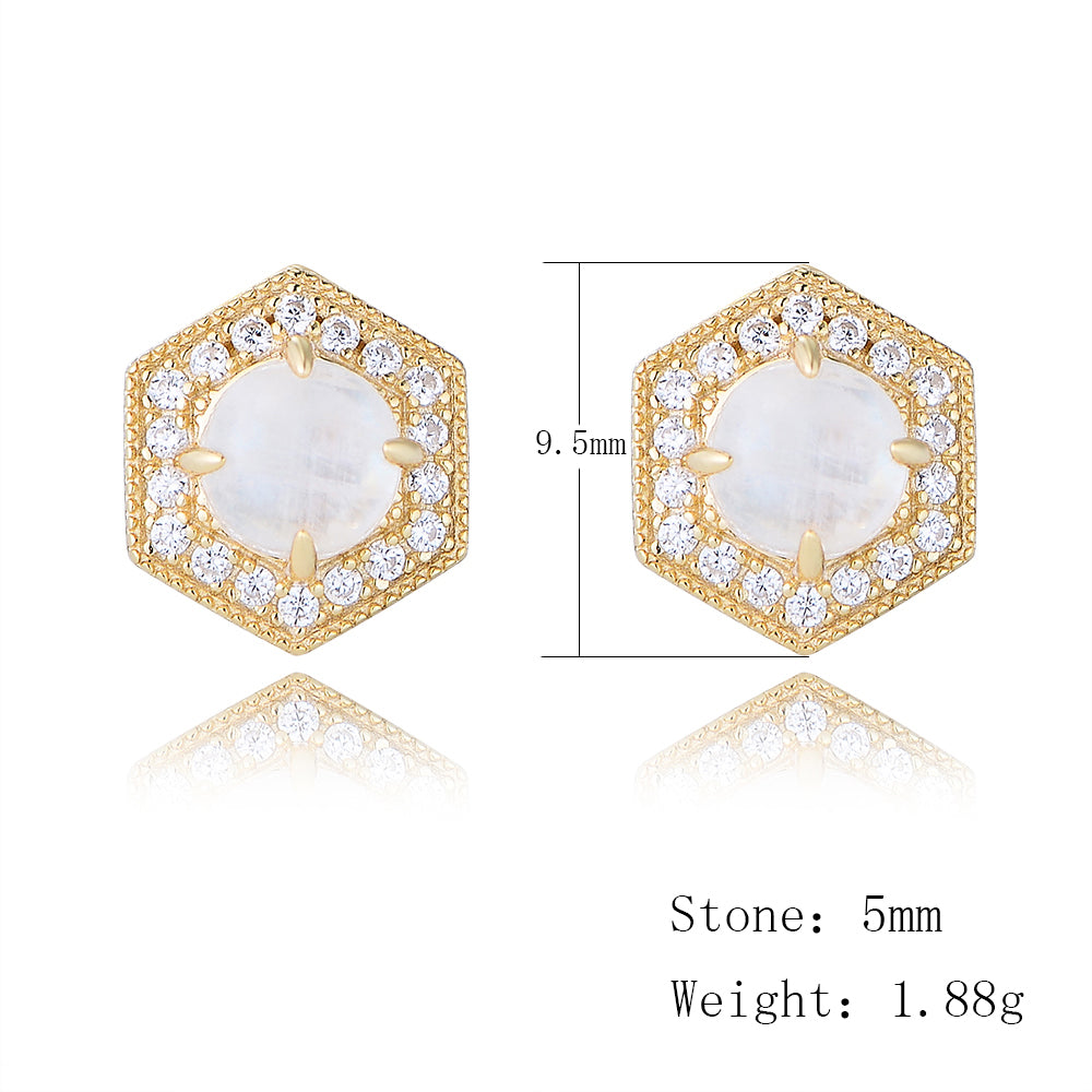 Dainty 925 Sterling Silver Hexagon Design Moonstone Cubic Zirconia Stud Earrings