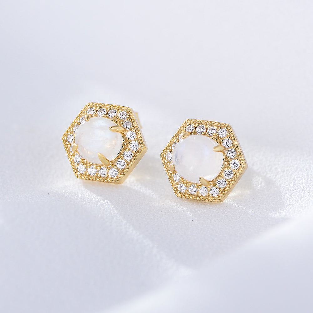 Dainty Hexagon Design Moonstone Cubic Zirconia Stud Earrings