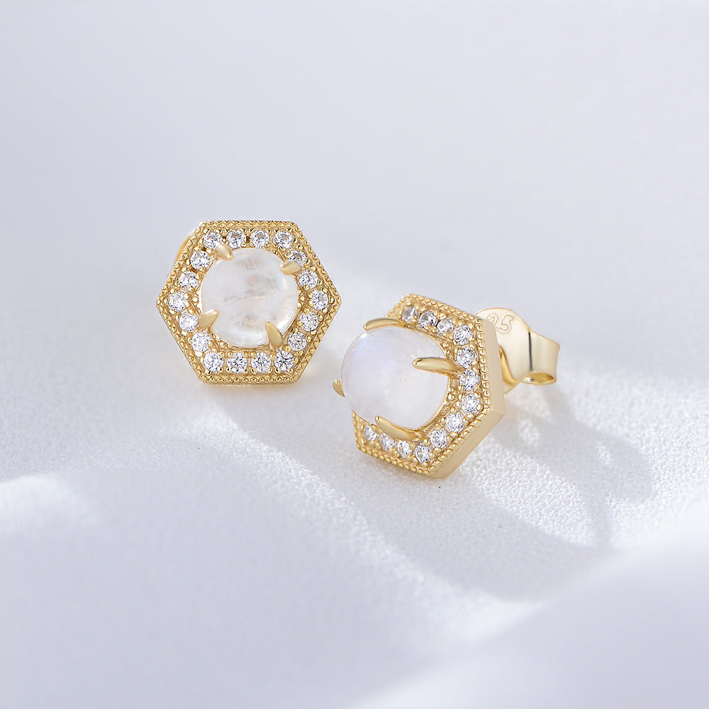 Dainty Hexagon Design Moonstone Cubic Zirconia Stud Earrings