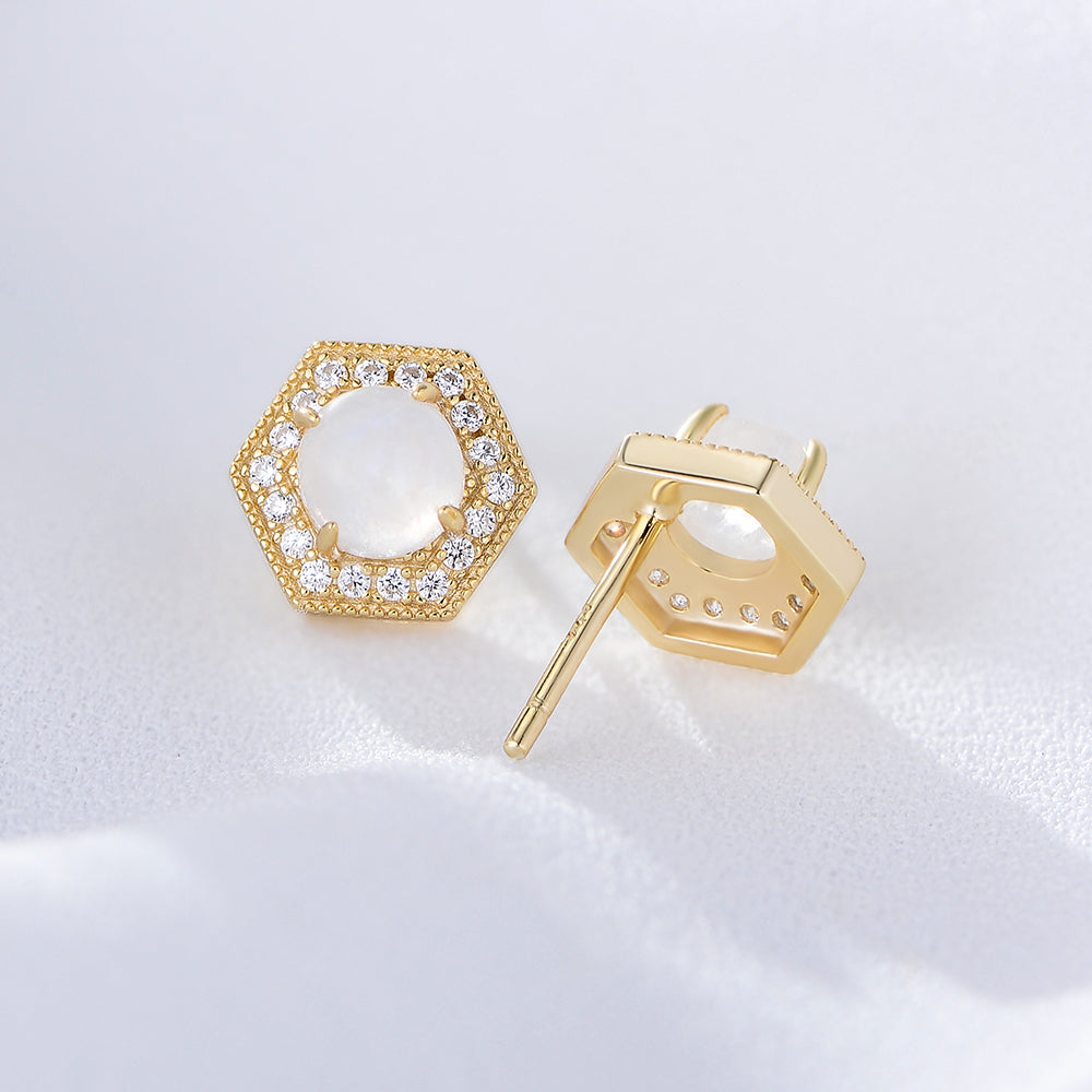 Dainty Hexagon Design Moonstone Cubic Zirconia Stud Earrings