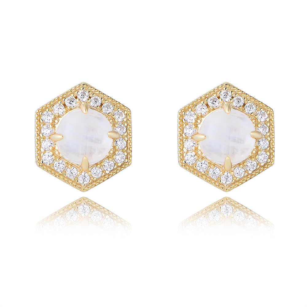 Dainty 925 Sterling Silver Hexagon Design Moonstone Cubic Zirconia Stud Earrings