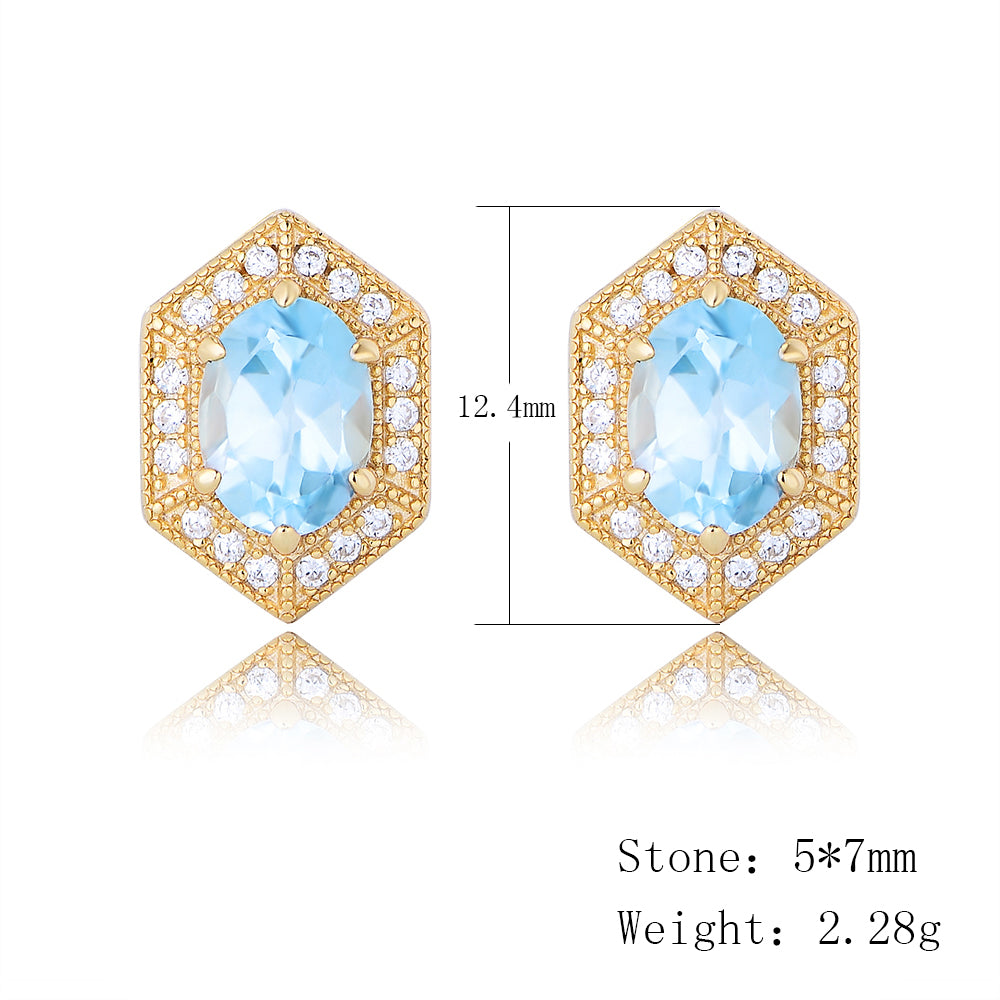 Luxury 925 Sterling Silver Hexagon CZ Sky Blue Topaz Geometric Stud Earrings