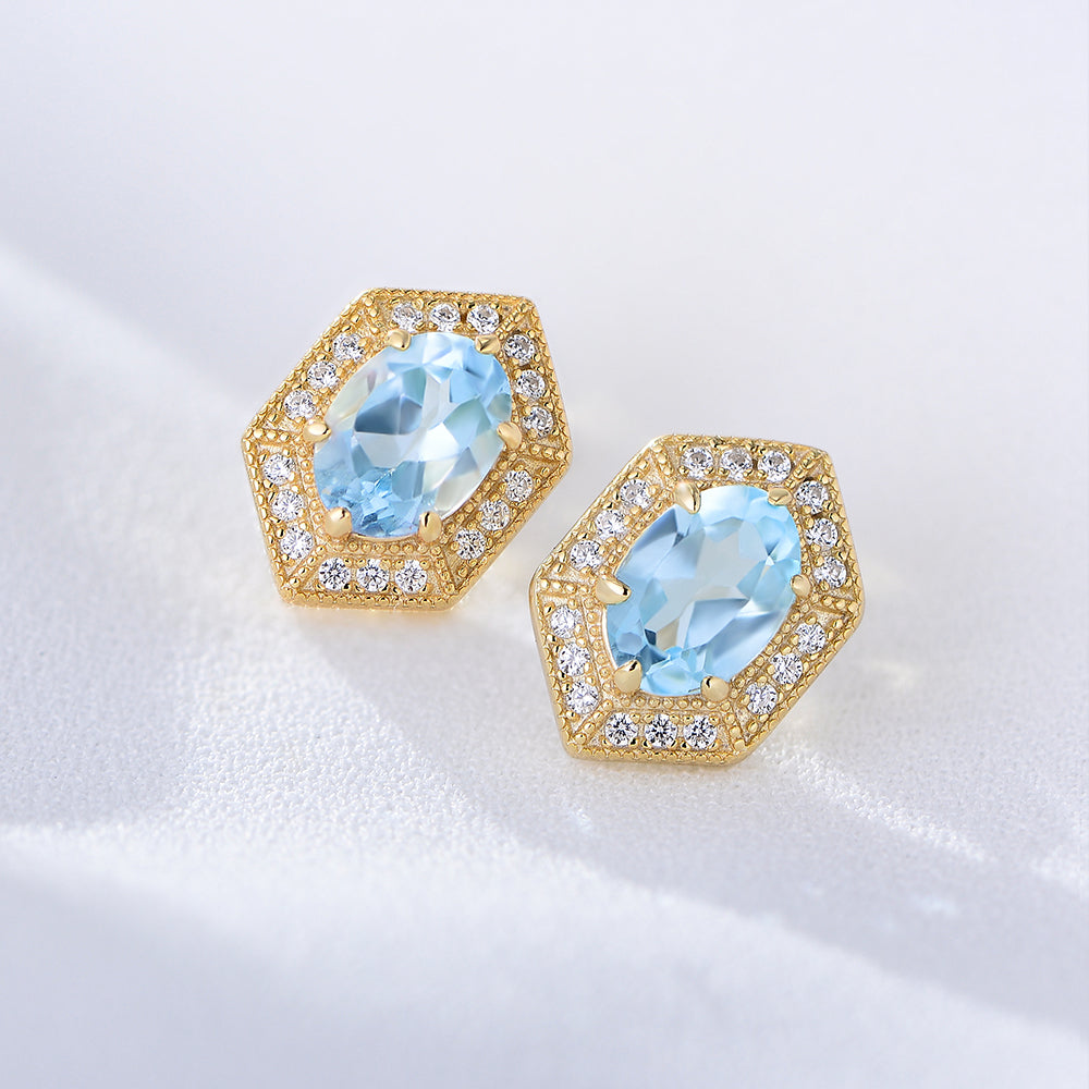 Luxury Hexagon CZ Sky Blue Topaz Geometric Stud Earrings