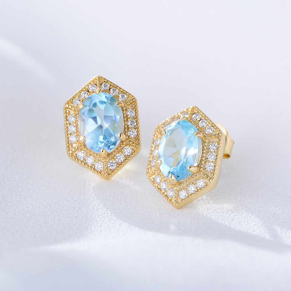 Luxury Hexagon CZ Sky Blue Topaz Geometric Stud Earrings