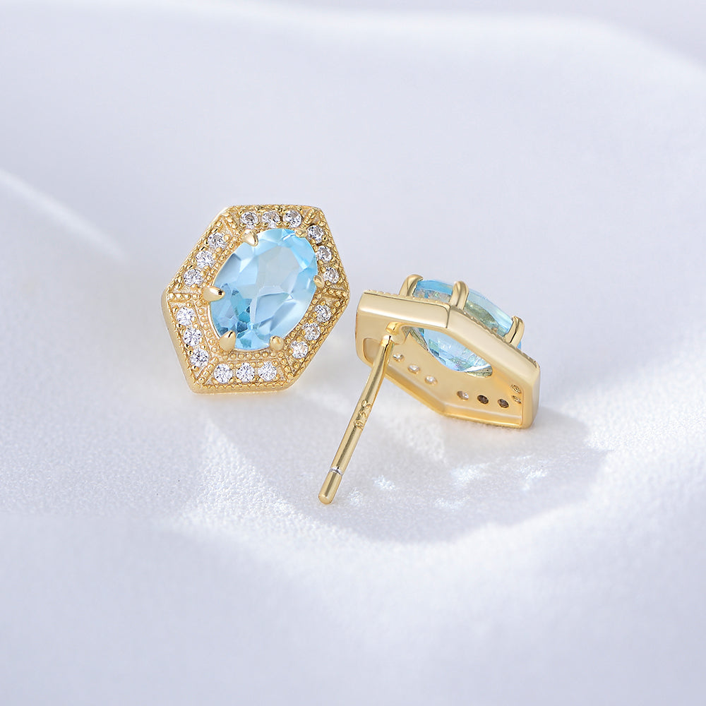 Luxury Hexagon CZ Sky Blue Topaz Geometric Stud Earrings