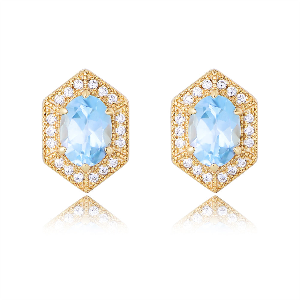 Luxury 925 Sterling Silver Hexagon CZ Sky Blue Topaz Geometric Stud Earrings