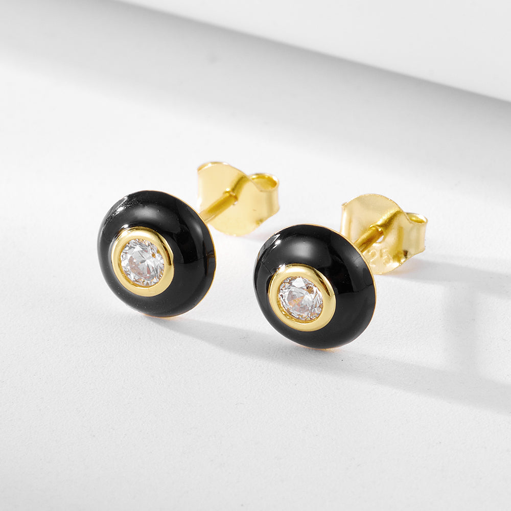 Fashion Design Zircon Enamel Hoop Black Oil Drop Dainty Stud Earrings