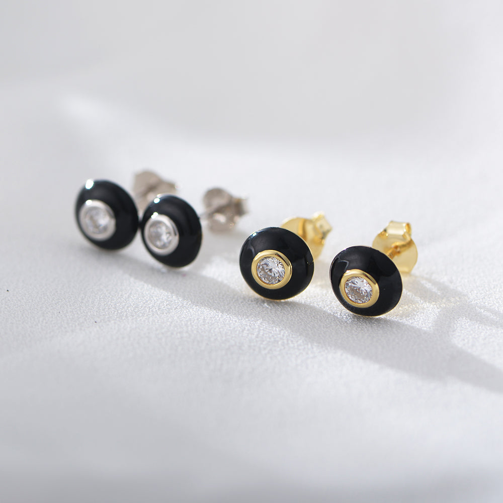 Fashion Design Zircon Enamel Hoop Black Oil Drop Dainty Stud Earrings