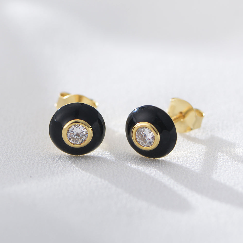 Fashion Design Zircon Enamel Hoop Black Oil Drop Dainty Stud Earrings
