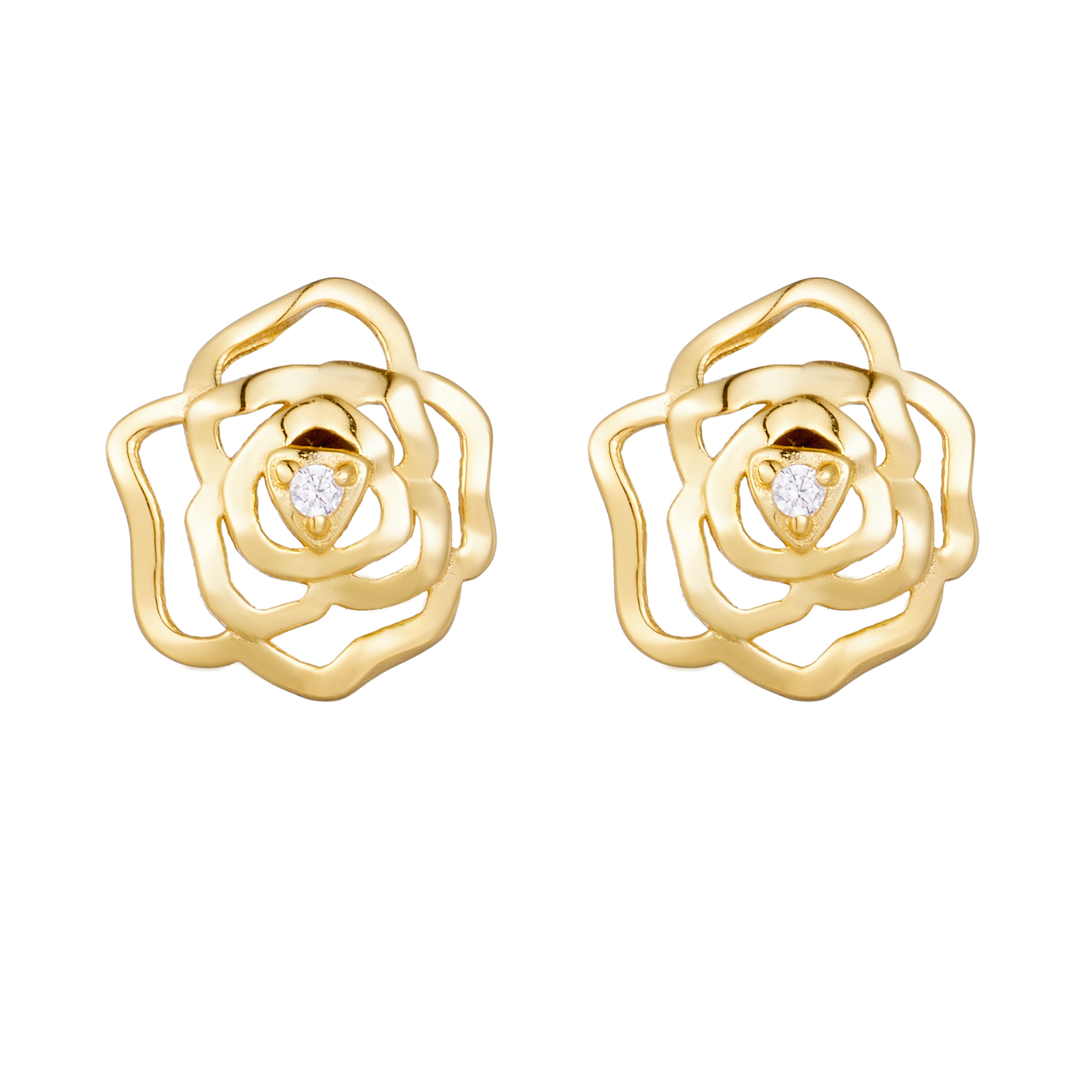 Fashion 925 Sterling Silver Gold Plated Cubic Zircon Rose Flower Stud Earrings