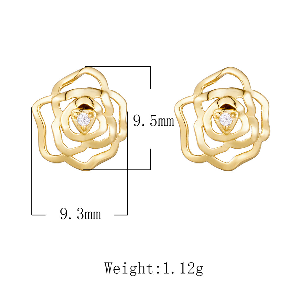 Fashion 925 Sterling Silver Gold Plated Cubic Zircon Rose Flower Stud Earrings