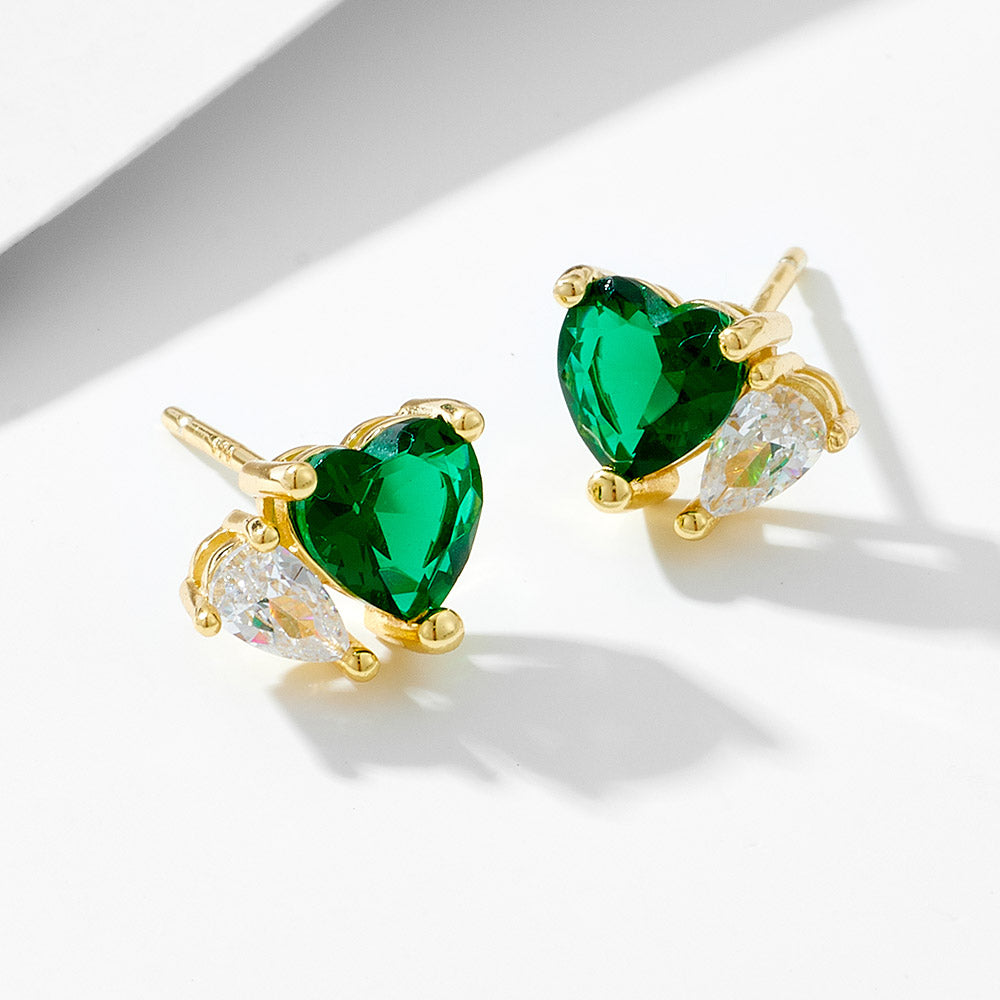 Fashion Heart Emerald Geometric Cubic Zircon Stud Earrings Jewelry