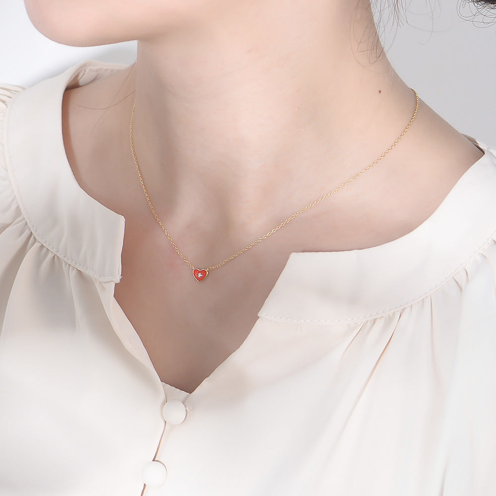 White Zircon Enameled Heart Pendant Necklaces