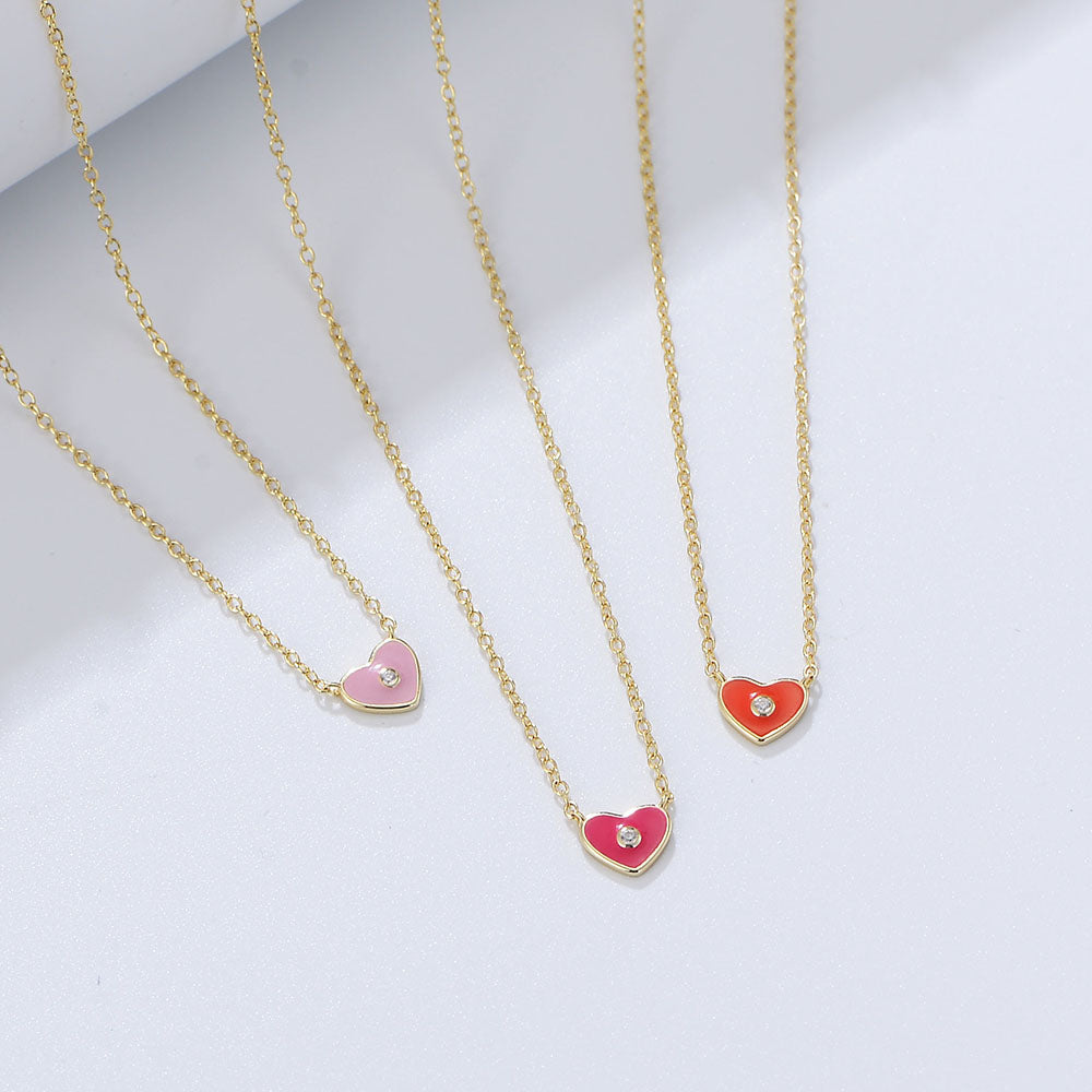 925 Silver White Zircon Enameled Heart Pendant Necklaces