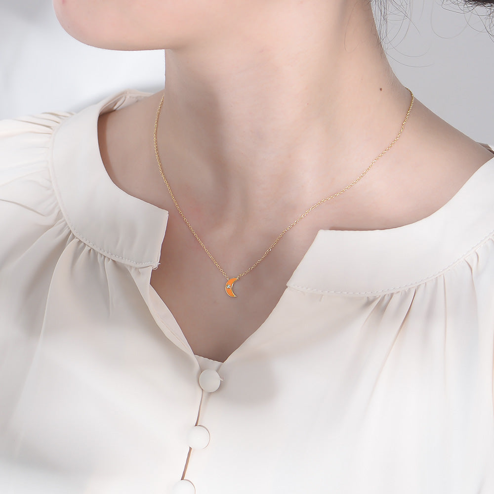 Beautiful  Enamel Crescent Moon Pendant Necklace