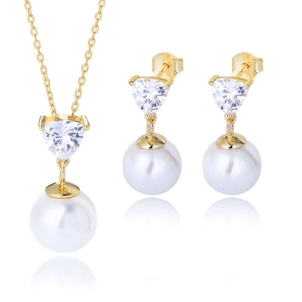 Luxury Claw Setting Triangle Zircon Round Pearl Pendant Necklace