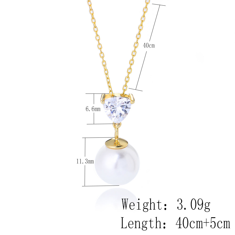 Luxury 925 Silver Claw Setting Triangle Zircon 14K 18K Gold Plated Round Pearl Pendant Necklace