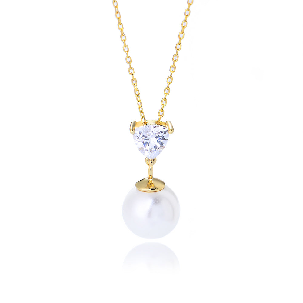 Luxury 925 Silver Claw Setting Triangle Zircon 14K 18K Gold Plated Round Pearl Pendant Necklace