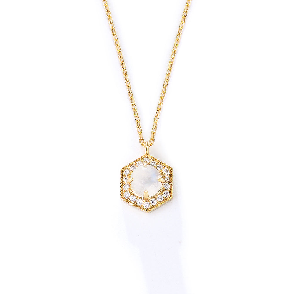 Fashion 14K Gold Plated Lucky Hexagonal Natural Moonstone 925 Silver Necklace Jewelry