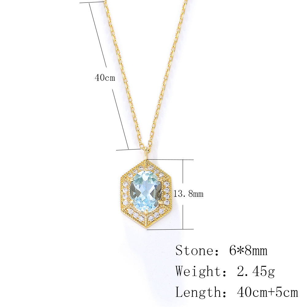 Fashion Natural Blue Topaz Hexagon Pendant Necklace