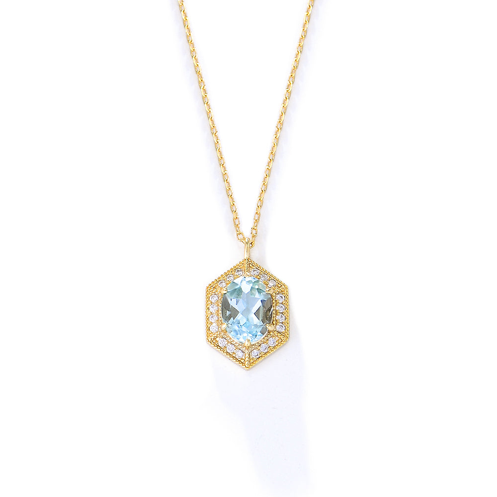 Fashion 925 Sterling Silver Gold Plated Natural Blue Topaz Hexagon Pendant Necklace