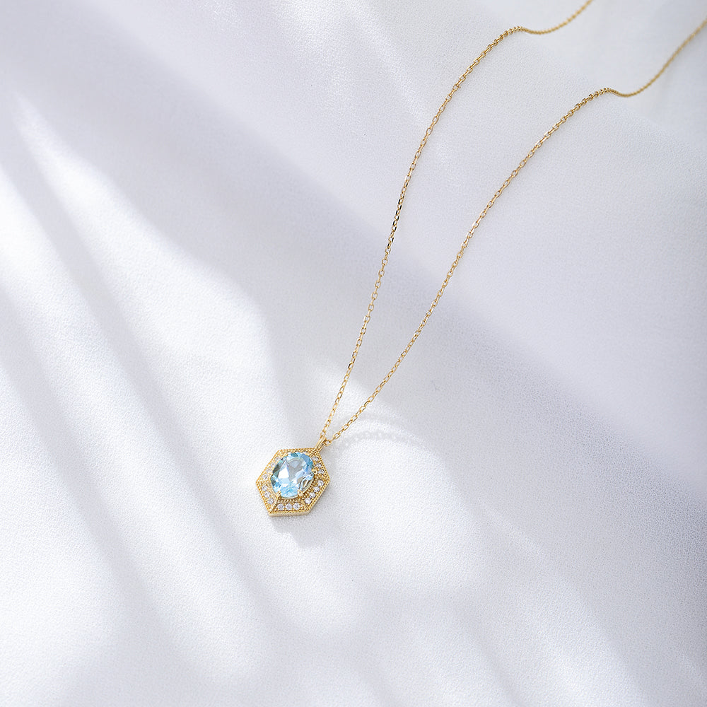Fashion Natural Blue Topaz Hexagon Pendant Necklace