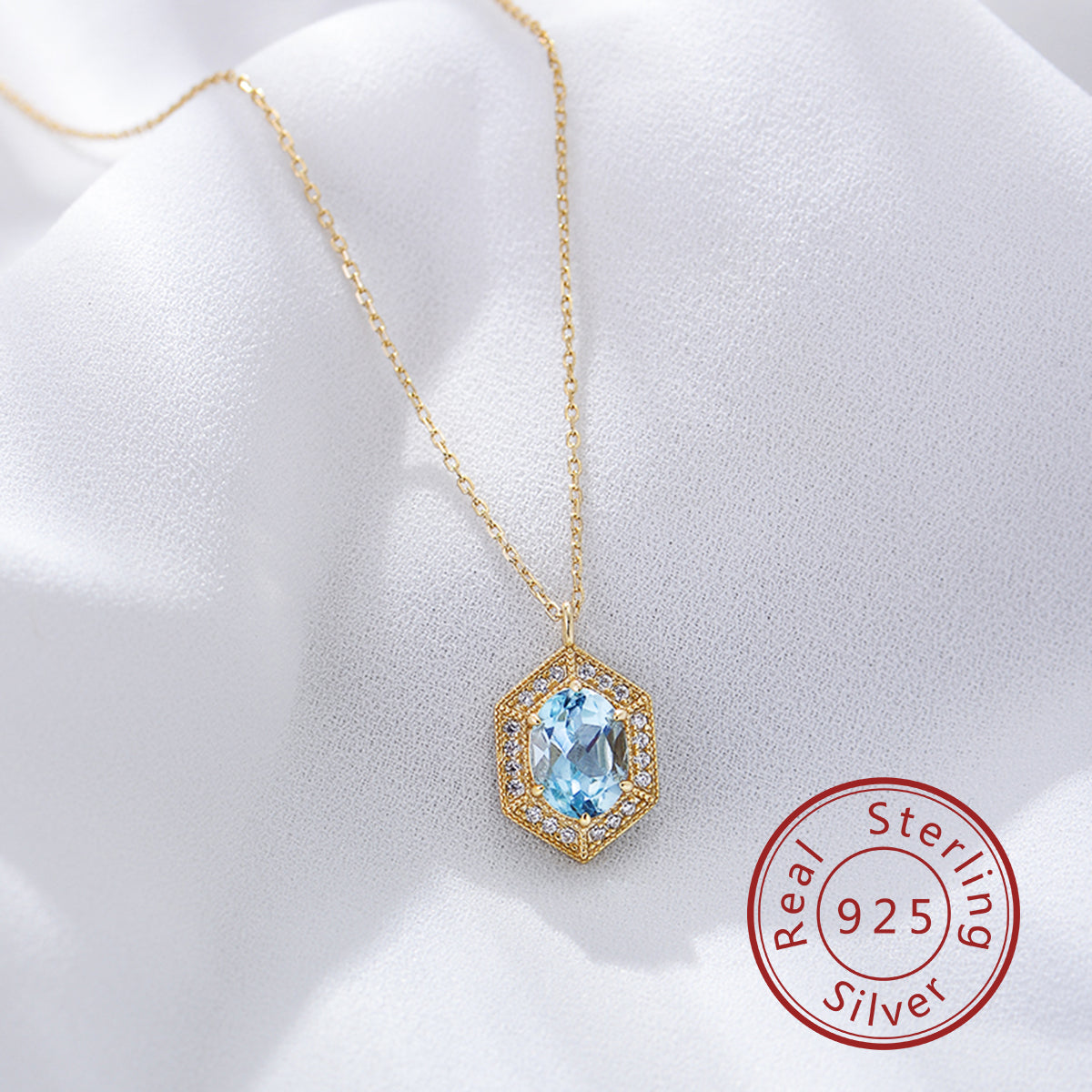 Fashion Natural Blue Topaz Hexagon Pendant Necklace