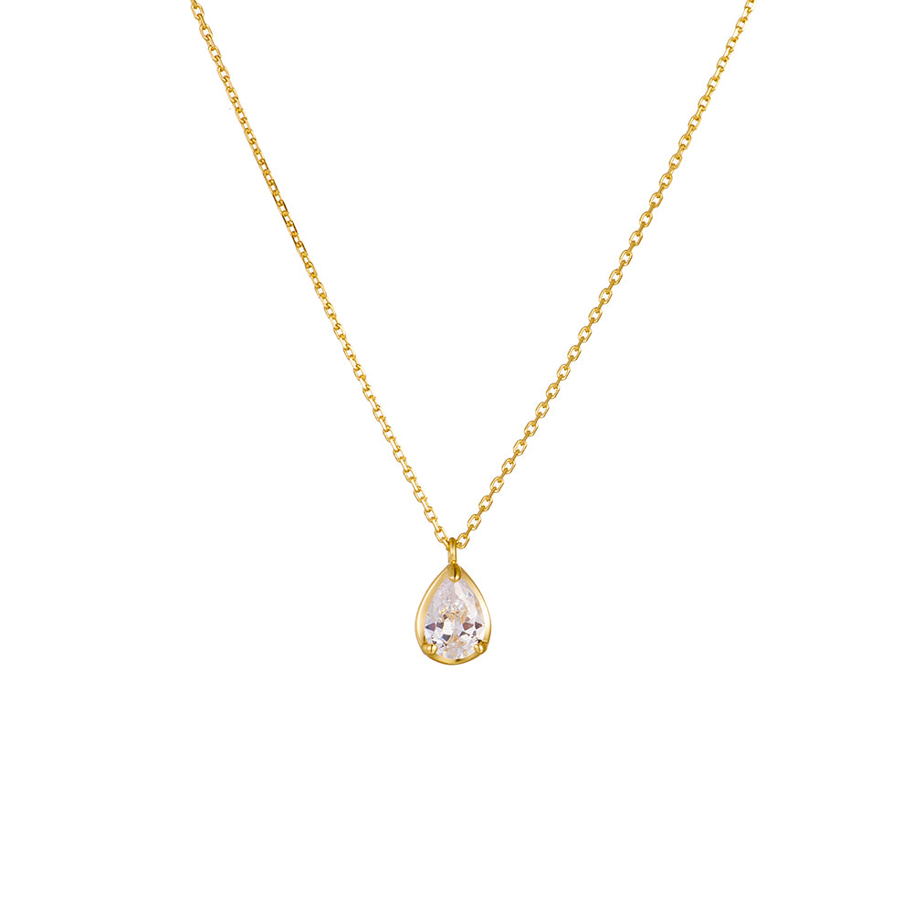 Gold Plated 925 Silver  Bezel-Set Pear Cut Zirconia Solitaire Stone Pendant Necklace