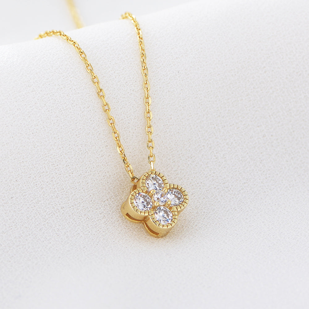 Classic Gold Plated Zircon Delicate 925 Sterling Silver Four Leaf Clover Necklaces