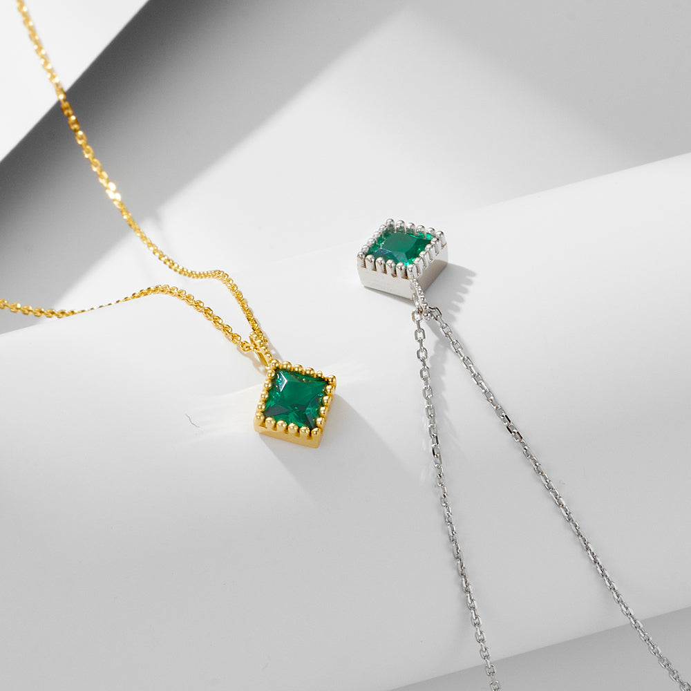 Geometric Square Rhombus Emerald Zircon Pendant Necklace