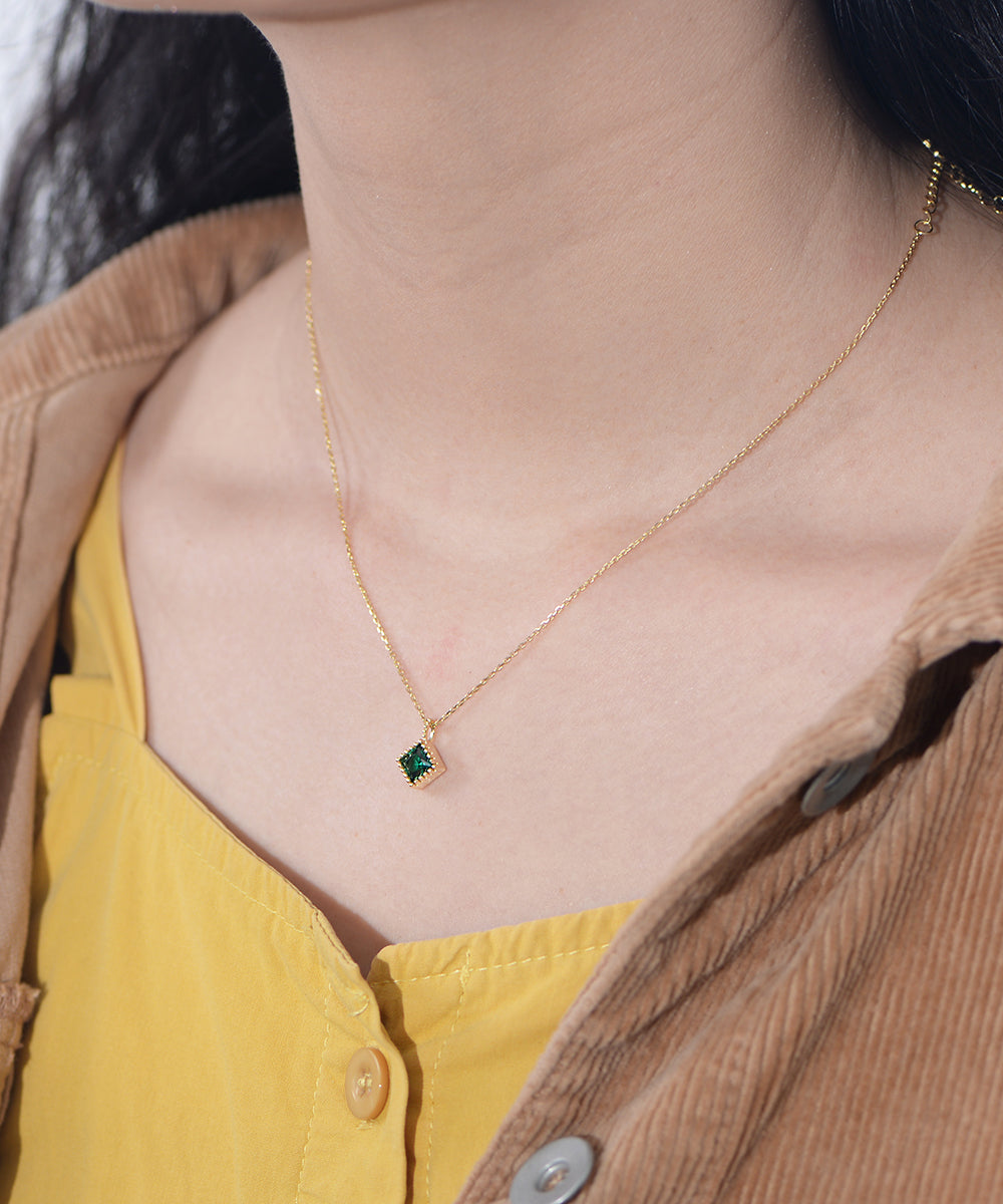 Geometric Square Rhombus Emerald Zircon Pendant Necklace