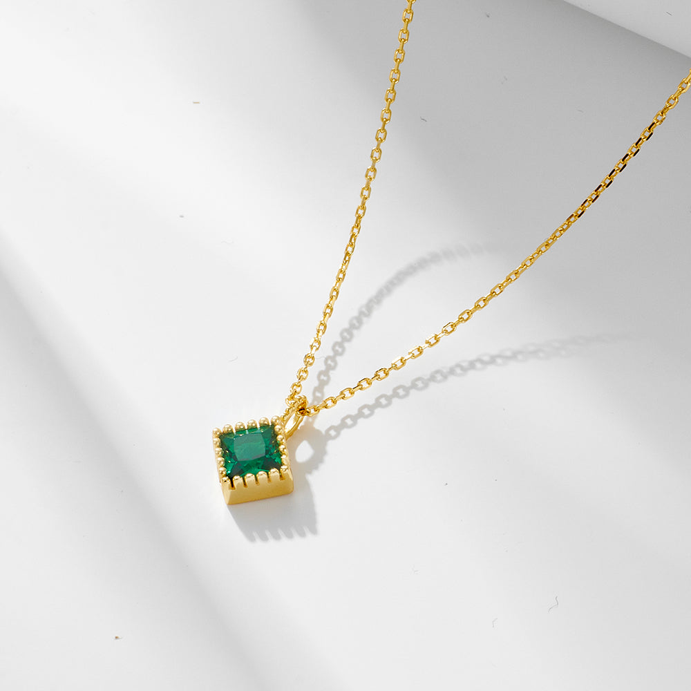 925 Silver Gold Plated Geometric Square Rhombus Emerald Zircon Pendant Necklace