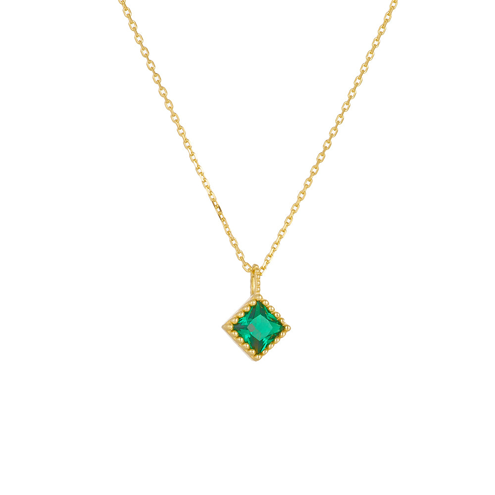 925 Silver Gold Plated Geometric Square Rhombus Emerald Zircon Pendant Necklace