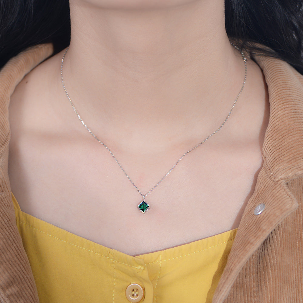 Geometric Square Rhombus Emerald Zircon Pendant Necklace