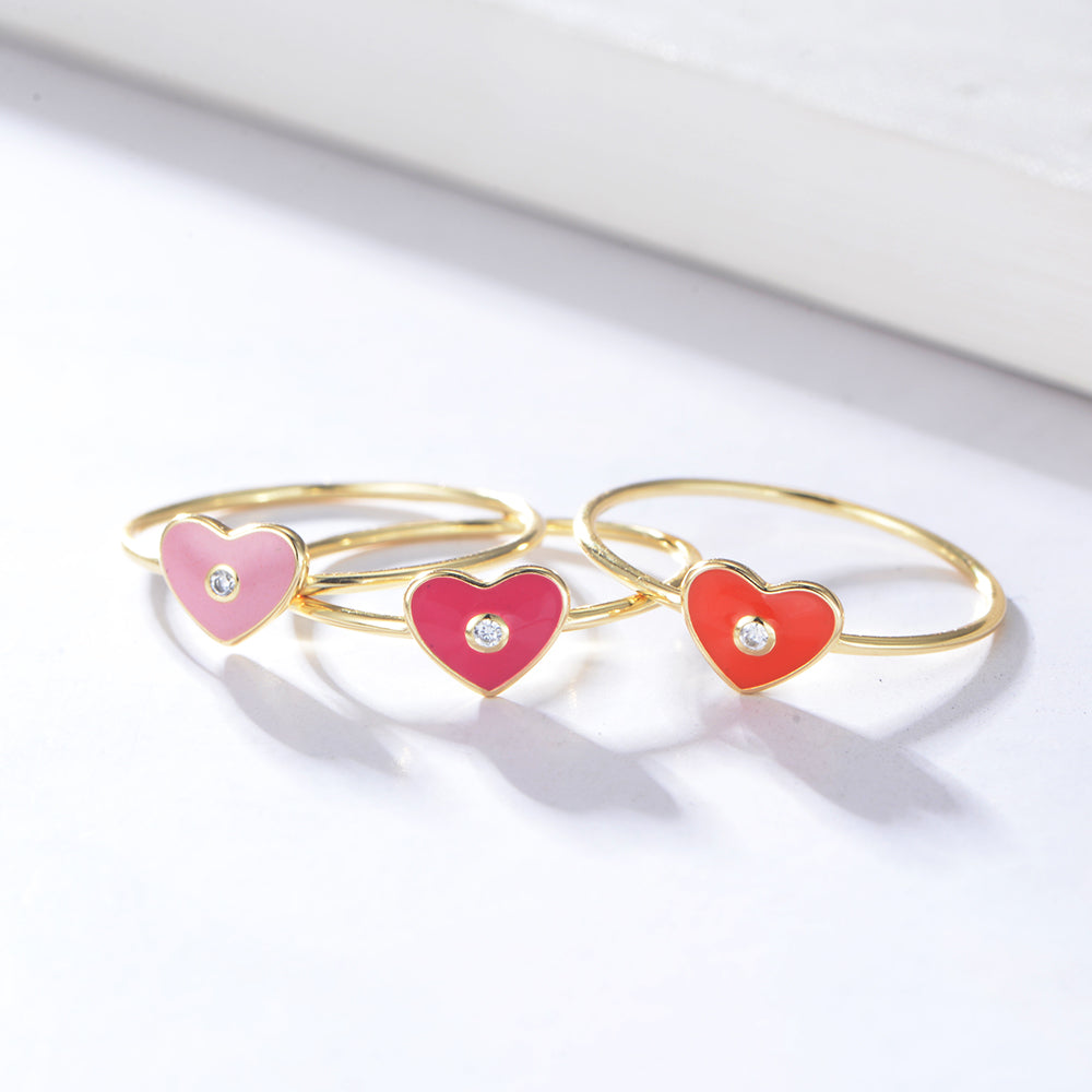 925 Sterling Silver Gold Plated Zirconia Heart Enamel Ring