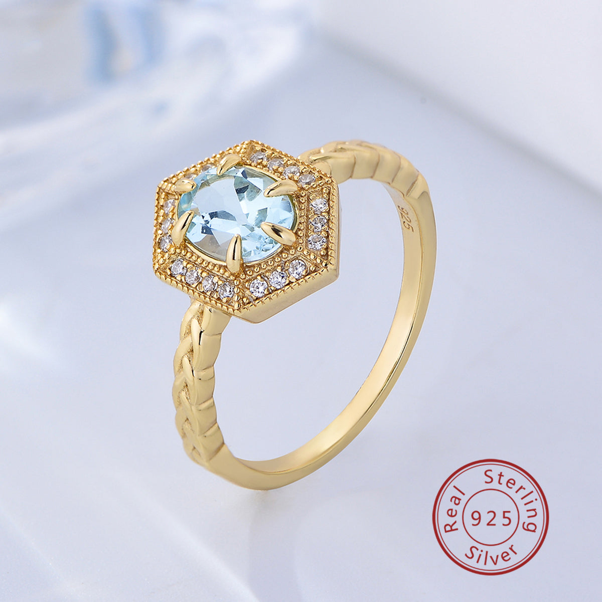 Fine Jewelry 925 Silver Gold Plated Hexagon Blue Topaz Ring