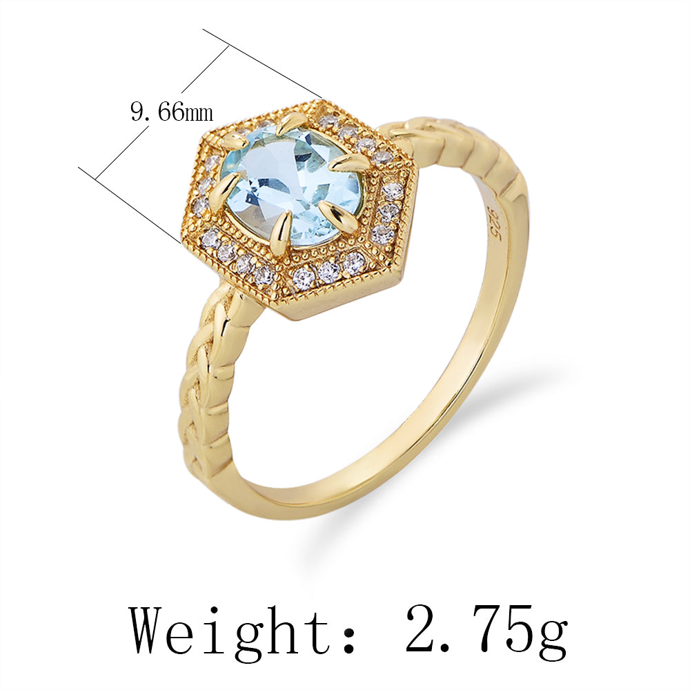 Fine Jewelry 925 Silver Gold Plated Hexagon Blue Topaz Ring