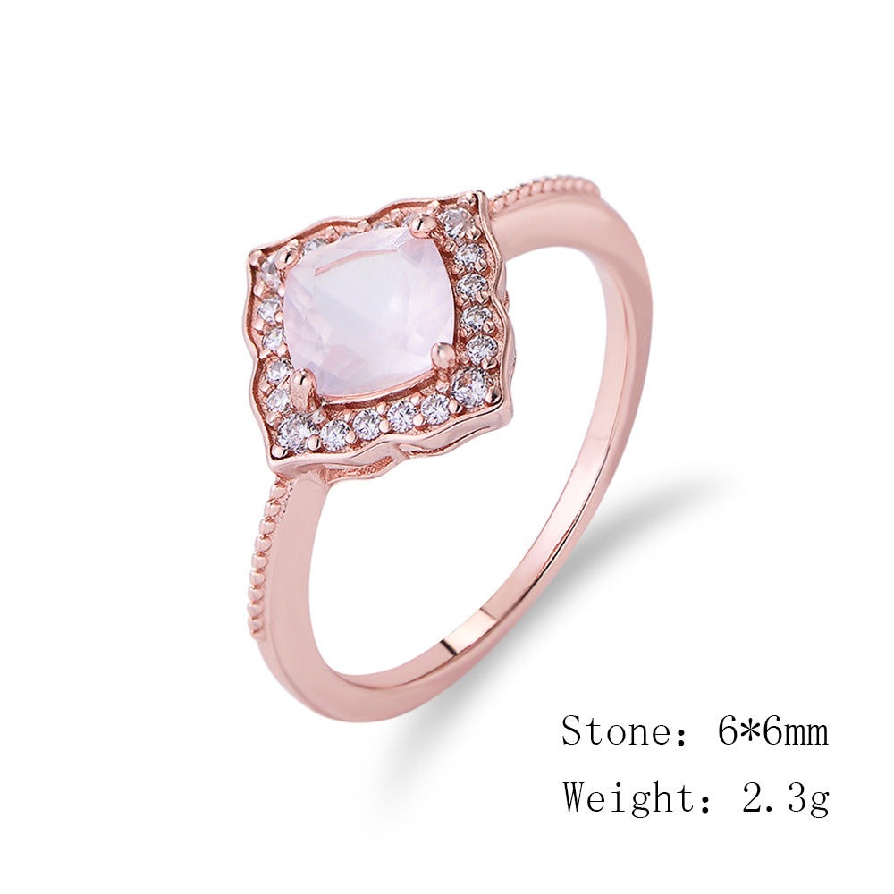 925 Sterling Silver Rose Gold Plated CZ Natural Rose Quartz Gemstone Wedding Engagement Ring Jewelry