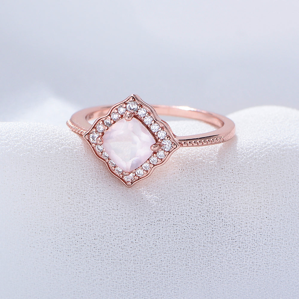 Rose Gold Plated CZ Natural Rose Quartz Gemstone Wedding Engagement Ring Jewelry